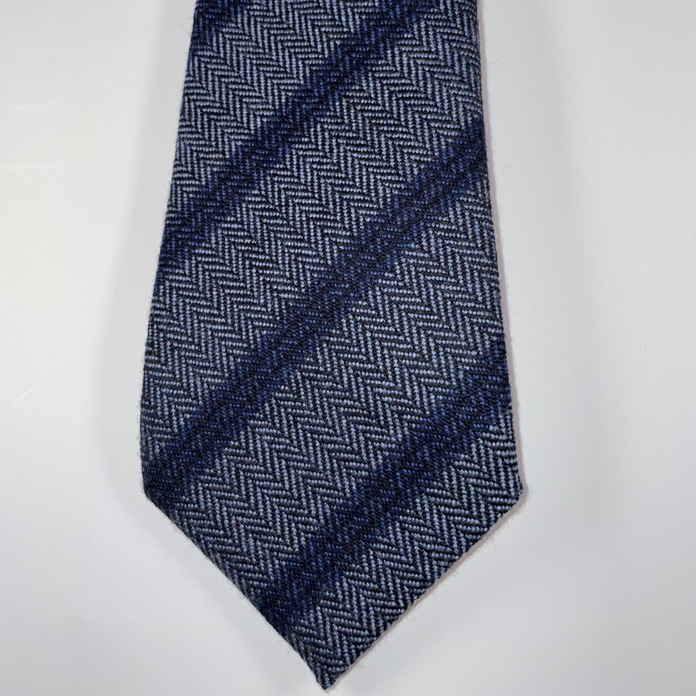 Wool Giorgio Armani Narrow Tie Blue & Grey Herringbone + Diagonal Stripes - EUC